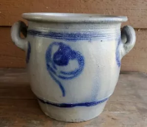 Antigua maceta de gres esmaltado en sal azul cobalto manijas para orejas de flujo flores olla de barro - Imagen 1 de 17