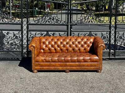Vintage tufted leather chesterfield loveseat - Image 1 of 4