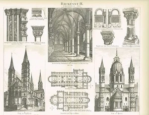 Tablero ARQUITECTURA / ROMÁNICO / DOM BAMBERG / MAINZ 1888 Grabado en madera original - Imagen 1 de 1