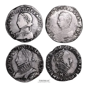 Lot de 4 Monnaies - Charles IX - Henri III - Testons et Demi Franc - Picture 1 of 2