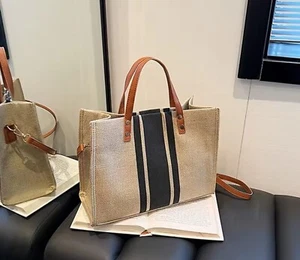 Handbag Women Casual Shoulder Crossbody Tote Canvas Strip Bucket - Picture 1 of 5