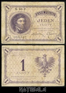 POLAND 1 Zloty 1919 Pick-51 Tadeusz Kosciuszko F+ S.33 F 099037 **SCARCE** - Picture 1 of 4
