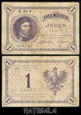 POLONIA 1 Zloty 1919 Pick-51 Tadeusz Kosciuszko F+ S.33 F 099037 **ESCASO** Foto 1 de 4