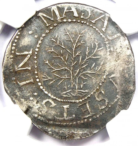 1652 Massachusetts Oak Tree Silver Shilling 1S - Certified NGC AU Details Cover