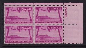 1952 Sc C46 80c plate block of 4 MNH plate number 24592 UR Durland CV $25 - Picture 1 of 1
