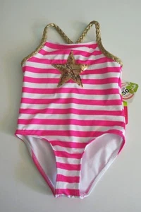 Penelope Mack Little Girls 6 1 Pc Swimsuit Pink White Gold Star Stripe - Picture 1 of 2