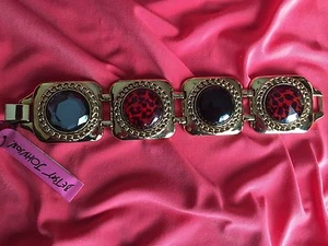 Betsey Johnson Vintage Black Lucite Red Leopard Gold Chain Square Bracelet NOS - Picture 1 of 8