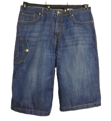 Powerful 90s Y2K Vertical Cargo Pocket Long Length Jean Shorts Mens 36 - Image 1 of 4