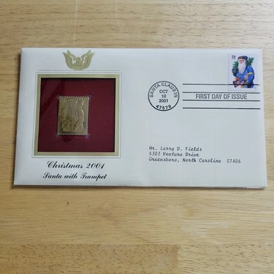 Navidad 2001 Papá Noel con trompeta oro 22kt réplica sello primer día con tarjeta Foto 1 de 4