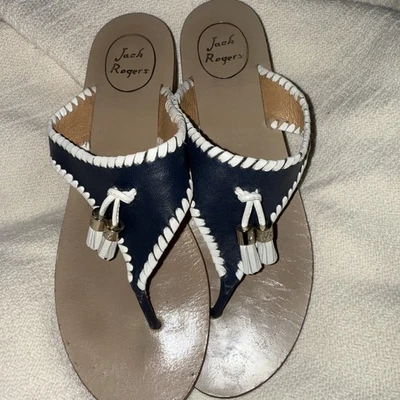Jack Rogers Womens Alana Thong Sandals US 9 M Navy White Tassels Flip Flops - Image 1 of 4