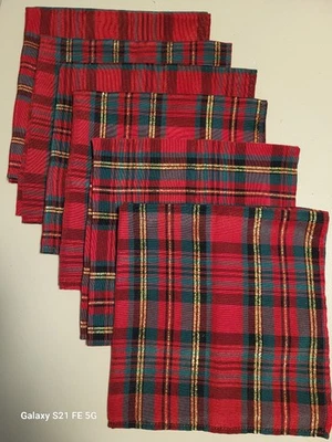 6 ~ Red green gold tartan plaid napkins polyester 18" square Christmas - Image 1 of 4
