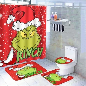 Christmas Shower Curtain Sets with Non-Slip Rugs, Toilet Lid Cover - Picture 1 of 5