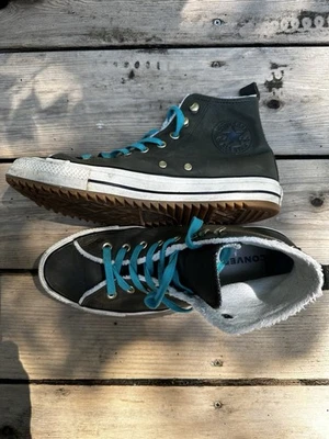 Converse Leather High Top Sneakers with Blue Laces and Fur Lining - Image 1 of 4