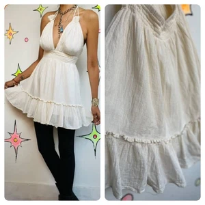 White Boho Cotton Babydoll Mini Dress Fairy Grunge Cottagecore Festival S-M - Picture 1 of 6