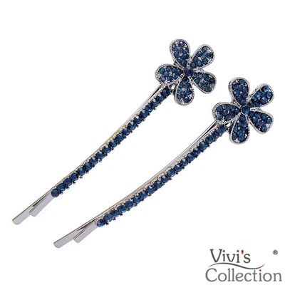 2 Hair Clips Grips Crystal Blue Hairpin Slides Flower Silver Diamante Rhinestone - Image 1 of 4