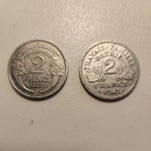 France 1943 & 1945 2 Francs Alum Coins WWII Travail Famille Patrie - Picture 1 of 2