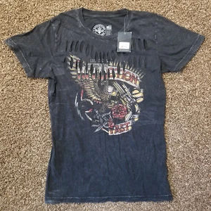 Affliction T Shirt - Womens Size L - Metal Splits S Baby Tee Short Sleeve Black - Picture 1 of 12