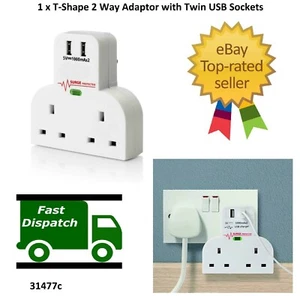 NEW SURGE PROTECTED 2 WAY GANG SOCKET ADAPTOR DUAL USB CHARGE PORT UK 3 PLUG - Picture 1 of 1