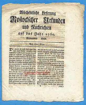 Mecklenburg, Rostocksche Zeitung, Urkunden Und Nachrichten, 19. Stück, Um 1760 ! • 39.19€