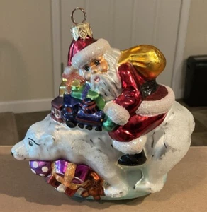 VTG Christopher Radko “Santa On Top Of Polar Bear” Glass Christmas Ornament EUC - Picture 1 of 2