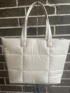NWT $169 Antonio Melani Quilted Nylon Shoulder Tote Bag Ivory Laptop Travel - Picture 1 of 6