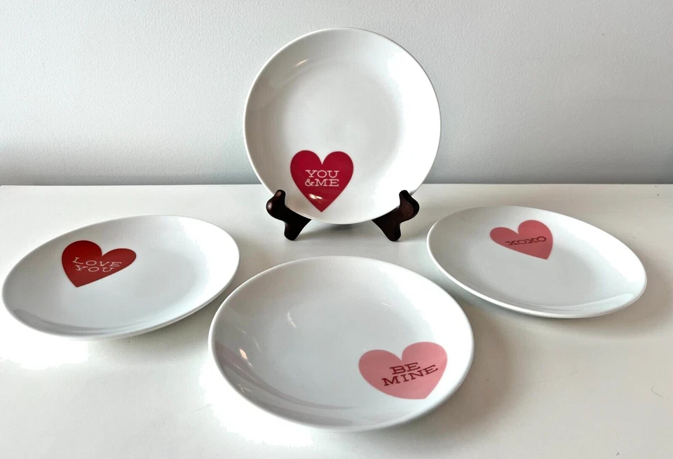 4 CRATE & BARREL Love Heart Valentines Anniversary 6.5" Tidbit Dessert Plates - Image 1 of 4