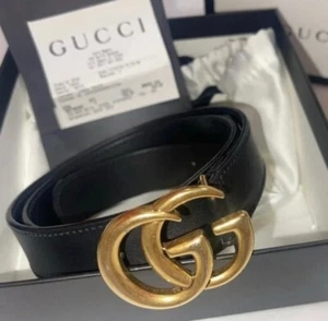 Gucci GG Leather Belt with Double G Buckle Black Gold - Picture 1 of 6