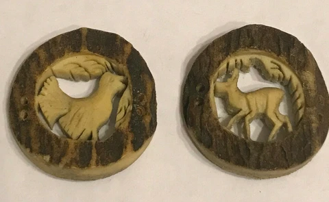 Antique Austrian Hunting Buttons Horn Hand Carved Deer & Capercaillie Bird 2 pcs Cover