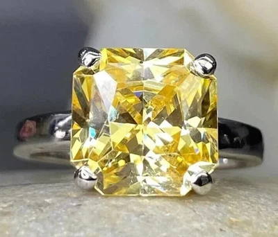 Anillo de boda solitario de zafiro amarillo natural corte Asscher de 4 quilates oro blanco de 14 quilates 6 Foto 1 de 4