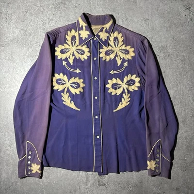 РЕДКАЯ 40-х 50-х годов H бар C Western рубашка фиолетовый золото вышивка - Изображение 1 из 4