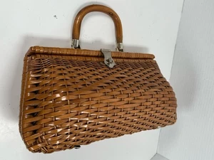 1960'S British Hong Kong Brown Plastic Woven Wicker Bag - Picture 1 of 18