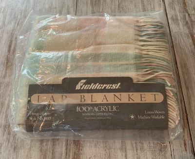 Fieldcrest Lap Blanket Acrylic Loom Woven Pastel Tartan Plaid  Fringe 50X60 NEW - Image 1 of 4