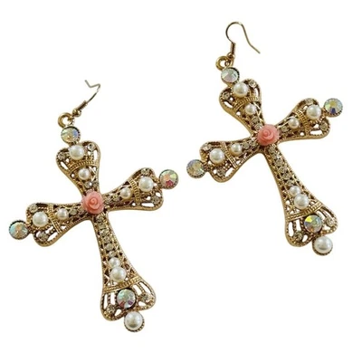 Pendientes Colgantes Cruz Perla Grueso Oro Declaración Alta Costura Gota Perforada Raro Y2K Foto 1 de 4