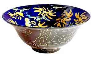Abstrakte Sonnenblumen Keramik Keramik Schale Studio signiert 5" blau gelb schwarz 2004 - Bild 1 von 11