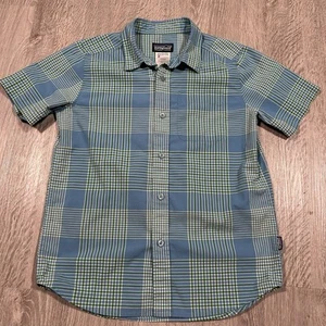 Patagonia Boys Large (12) Short Sleeve Button Up Shirt Plaid Blue Green Organic - Picture 1 of 6