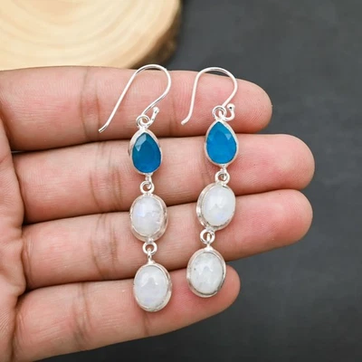 Orecchino gioiello in argento sterling 925 calcedonio blu pietra di luna arco... - Immagine 1 di 4