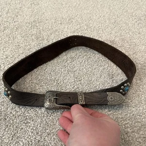 Western Boho Brown Leather Belt with Silver Buckle Horses Turquoise Accents S M - Picture 1 of 7