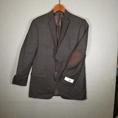 NWT Van Heusen Studio Blazer Men's 42L Plaid Rayon Sport Coat Suit Elbow Patches - Image 1 of 4