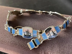 BRACCIALE SMALTO NORVEGIA OSLO STERLING con SCENIC NORGE NAVE VICHINGA ORSO ALCE VINTAGE - Foto 1 di 12