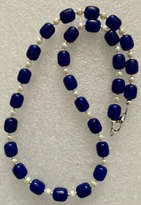 18" Blue Glass Barrel Bead and White Glass Pearl Necklace - Picture 1 of 3