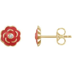 Rose Flower Diamond Youth Earrings 1OK Yellow Gold Quality Quality - Picture 1 of 2