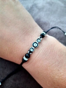 Makramee Armband Glücksbringer Schutzauge Perlen Schwarz - Bild 1 von 3