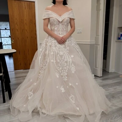 Elegant Off-Shoulder A-Line Lace Wedding Dress | Size Adjustable| Ivory | Flor - Image 1 of 4