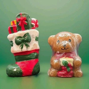 Zwei Vintage Weihnachtskerzen Teddybär neu in Verpackung & Strumpf mit Geschenken - Bild 1 von 10