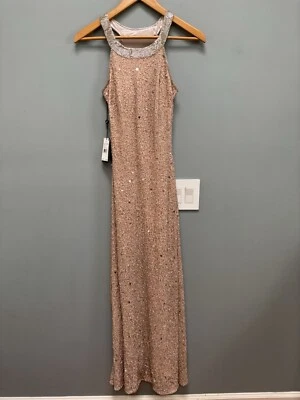 Adrianna Papell Caviar Illusion Back Beaded Gown in Taupe Pink 4P - Image 1 of 4