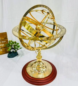 18" Inch Wooden-brass armillary sphere table decor Antique gold nautical maritim - Picture 1 of 41