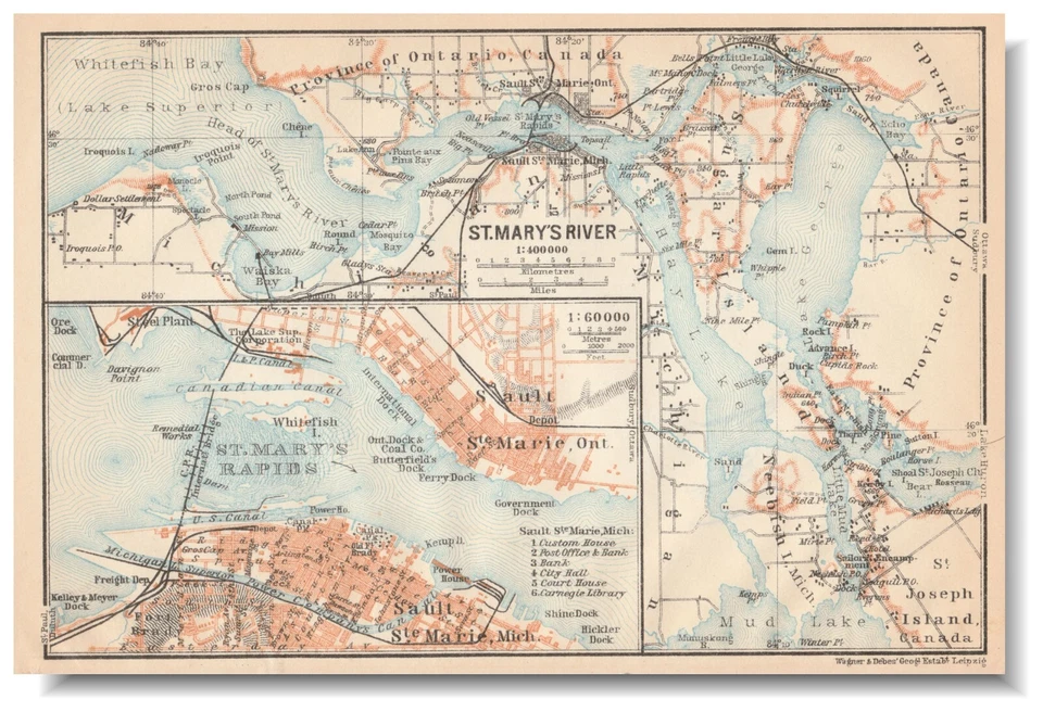 SAULT STE. MARIE  Michigan Ontario  Original Map City Plan 1909 USA Canada - Image 1 of 4
