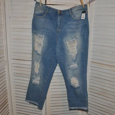 Pantalones de mezclilla para mujer Mossimo Distressed tiro alto mamá talla 18/34/R elásticos azules medianos nuevos con etiquetas Foto 1 de 4