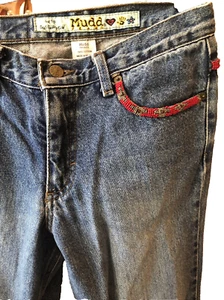 HAND BEADED !!! Mudd Women Jeans Size 5 Juniors Blue Stretch Wide Bottom - Picture 1 of 12