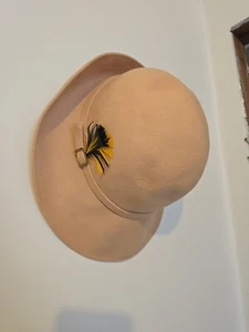 Vintage Lancaster Hat 100% Wool Beige Tan Wide Brim with band and Feathers - Picture 1 of 7